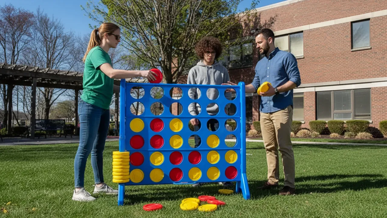 Adults playing Connect Four at Hungry Hollow. Austin food truck photos gallery