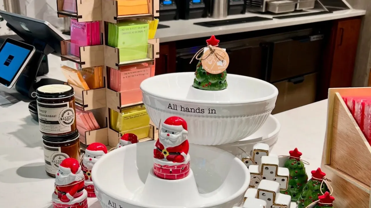 Christmas bowls and Santa decor in Austin food truck photos