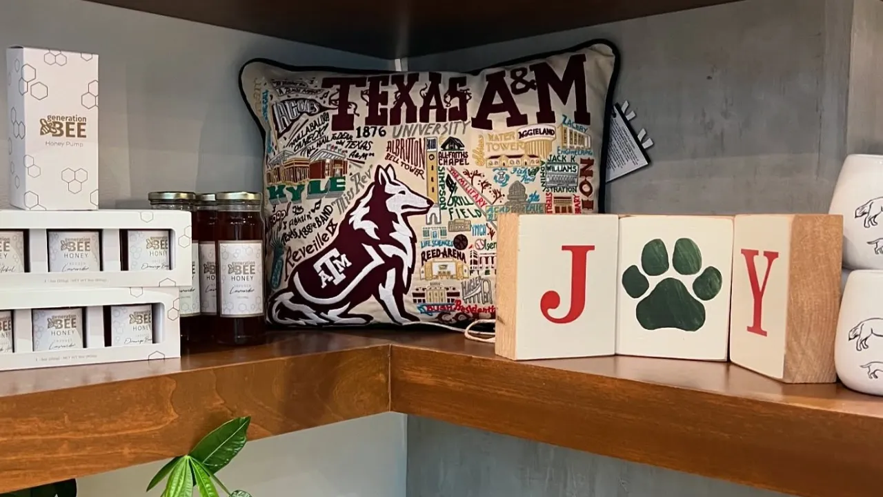 Texas A and M pillow and honey display